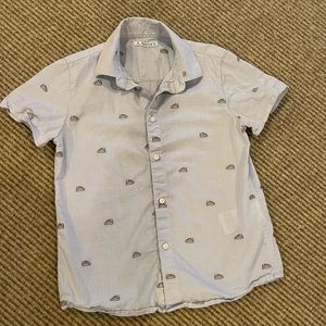 Mayoral kids short sleeve button down Blue w/ embroidered yellow sneakers.